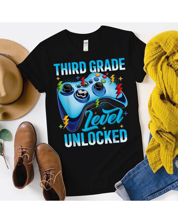 3rd Grade Level Unlocked Gaming Back To School Kids Boys Shirt